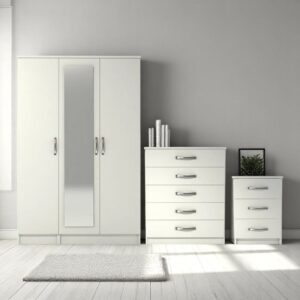 Assembled 3 Door Mirrored Wardrobe With 1 Chest and 1 Sidetable