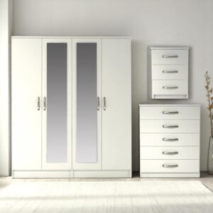 Premium Assembled 4 Door Mirrored Wardrobe with Chest of Drawers and Bedside Table