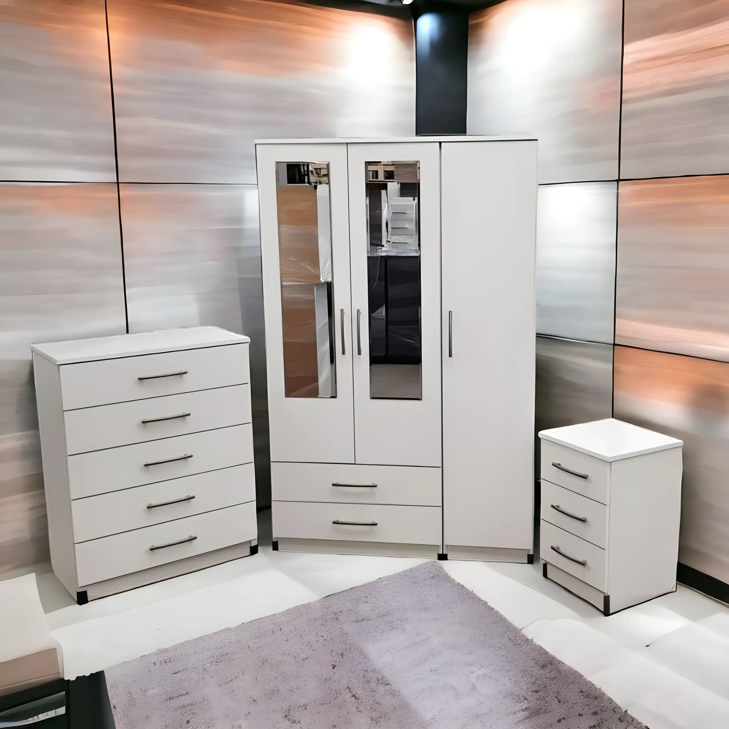 Assembled 3 Door Mirrored Wardrobe With 1 Chest and 1 Sidetable