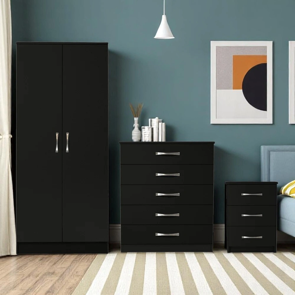 Assembled Black 3 Piece 2 Door Wardrobe