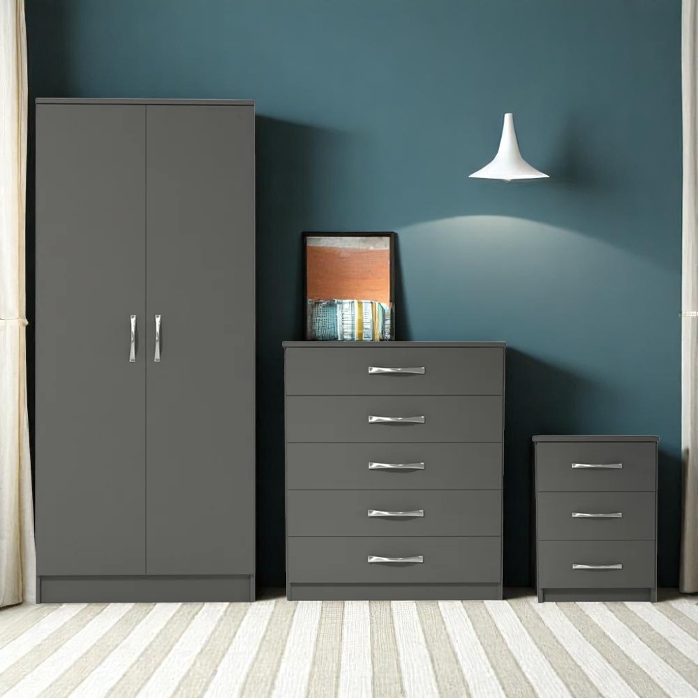 Assembled Grey 3 Piece 2 Door Wardrobe, Chest of Drawers and Bedside Table Set