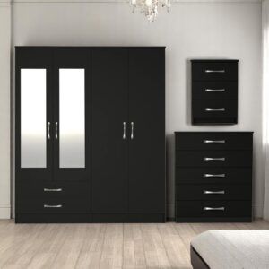 Assembled Black 4 Door Mirrored Wardrobe With 2 Drawers