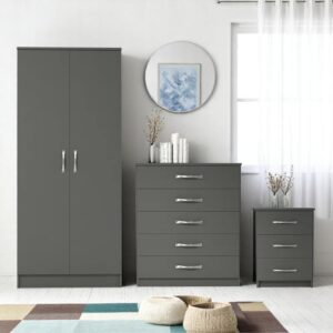 Assembled Grey 3 Piece 2 Door Wardrobe, Chest of Drawers and Bedside Table Set