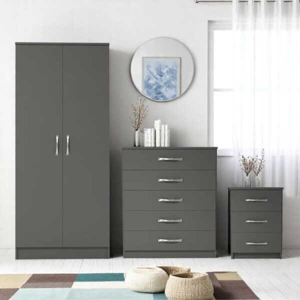 Assembled Grey 3 Piece 2 Door Wardrobe, Chest of Drawers and Bedside Table Set