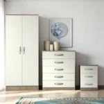 Assembled White and Oak 3 Piece 2 Door Wardrobe, Chest of Drawers and Bedside Table Set