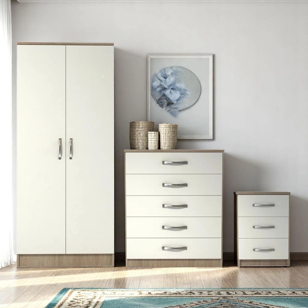 Assembled White and Oak 3 Piece 2 Door Wardrobe, Chest of Drawers and Bedside Table Set