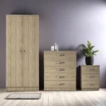 Assembled Oak 3 Piece 2 Door Wardrobe, Chest of Drawers and Bedside Table Set