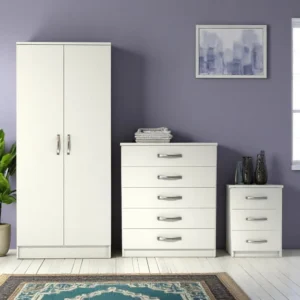 2 Door Wardrobe Set with One Chest of Drawers and One Bedside Table